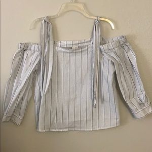 Off the Shoulder Pin Strip Tie Flowy Blouse